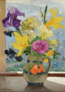 Bouquets De Fleurs Dans Un Pichet Huile Sur Toile Signee En Bas A Gauche by Jules Flandrin