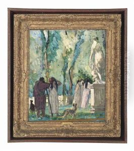 Promenading Figures In A Garden With A Sculpture Of Venus And Cupid