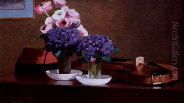 Nature Morte Aux Anemones, Pensees Et Violon - view 1