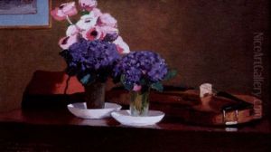 Nature Morte Aux Anemones, Pensees Et Violon
