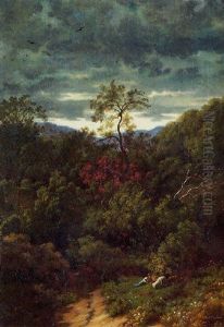 Chemin Dans Un Sous-bois Avec Un Jeune Promeneur Au Repos by Paul Flandrin