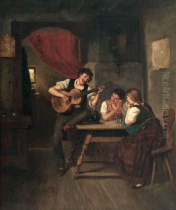 Schelmenlieder-guitarrenspieler Am Tisch Zweier Junger Damen Im Wirtshaus by Max Flashar