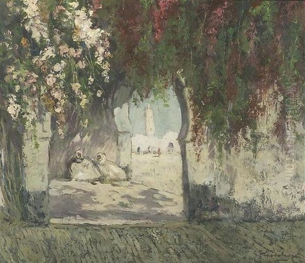 Arabes Se Reposant Dans Une Cour Fleurie - view 1