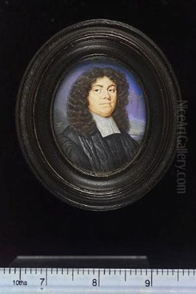 Portrait Of A Gentleman Wearing Black Scholar's Robes And A White Lawn Collar, His Brown Hair Curled (+ Portrait Of A Lady Wearing White Dress With Blue Cloak, Pearls At Her Neck; Pair) - view 1