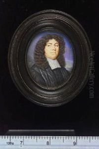 Portrait Of A Gentleman Wearing Black Scholar's Robes And A White Lawn Collar, His Brown Hair Curled (+ Portrait Of A Lady Wearing White Dress With Blue Cloak, Pearls At Her Neck; Pair) by Thomas Flatman