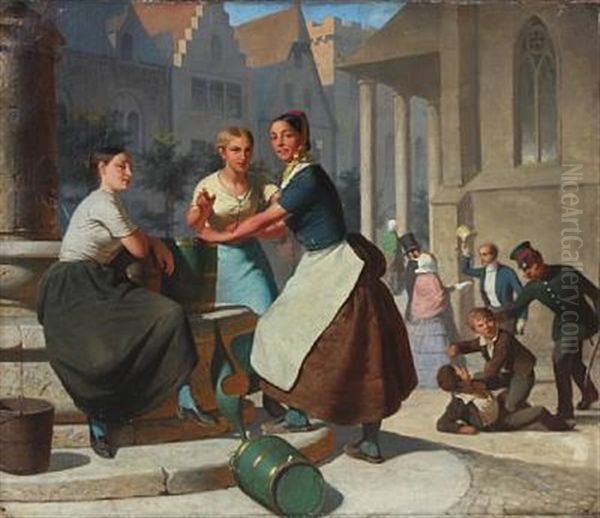 Three Young Women At The Well In The Town Square - view 1