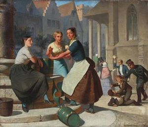 Three Young Women At The Well In The Town Square