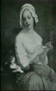 Depicting A Seated Lady Weari-ng A Bonnet With A Basket Of  Yarn In Her Lap