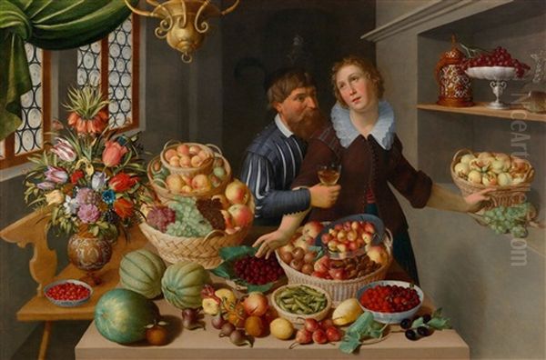 Large Still Life With Fruits, Vegetables And Flowers, Also A Couple In An Interior - view 1