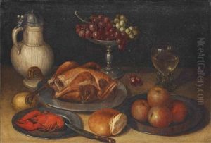 A Chicken, A Lobster, Apples And Grapes On Pewter Platters, With A Jug And A Glass Of Wine, On A Table