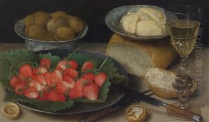 Still Life With Strawberries, Walnuts, Bread, Butter And Wine by Georg Flegel