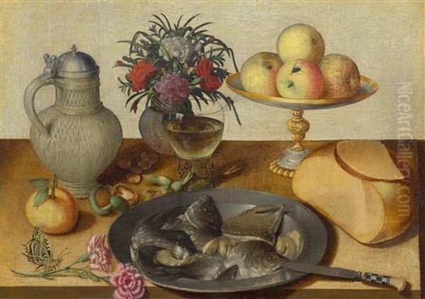 Still Life With Flowers, Fruits, Bread, Wine, Fish And Insects On A Table - view 1