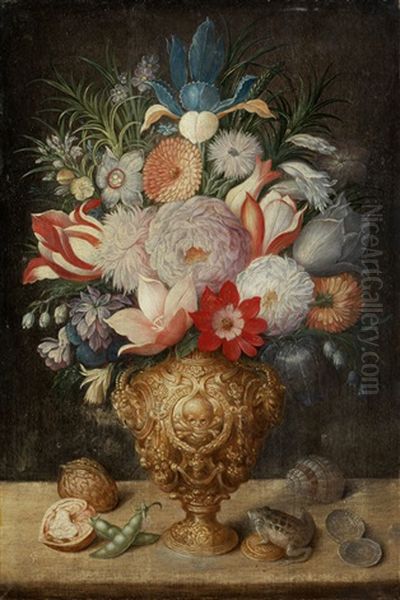 Stillleben Mit Blumenvase, Frosch, Walnussen, Muscheln Und Geldstucken, Um 1620 - view 1