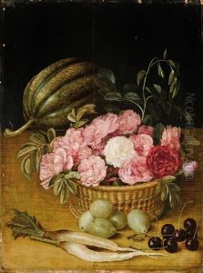 Still Life With Roses In A Basket, A Gourd, Radishes And Cherries