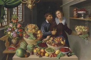 Tulips, Carnations And Other Flowers In A Vase, With Melons Strawberries, Peaches, Apples, Grapes And Other Fruit On A Table In An Interior, A Man And Woman In The Background