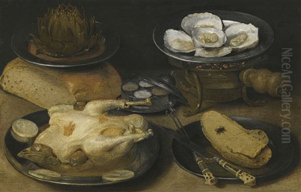 Still Life With A Dish Of Oysters Upon A Brazier, An Artichoke In A Dish Resting Upon A Loaf Of Bread, Together With A Cooked Capoon And A Knife, Fork And Slices Of Bread On Plates And A Silver Condiment Dish Upon A Table Top - view 1