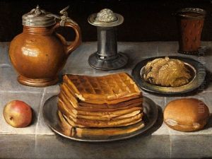 Stilleben Mit Zinntellern, Steinkrug Und Waffeln Stilleben Mit Zinntellern, Steinkrug Und Waffeln