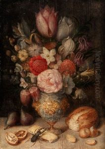 Grosser Blumenstrauss In Prunkvase Zwischen Broten, Nussen Und Feigen Mit Einem Hirschkafer by Georg Flegel