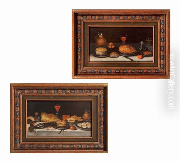 A Pie, Apples, Roast Chicken And Strawberries On Silver Platters, A Jug, A Silver Salt Cellar And Other Objects On A Draped Table (+ Oisters, Pies On Silver Platters, A Glass Of Red Wine, Bread And Other Objects On A Draped Table; Pair) - view 1