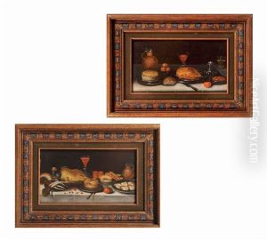 A Pie, Apples, Roast Chicken And Strawberries On Silver Platters, A Jug, A Silver Salt Cellar And Other Objects On A Draped Table (+ Oisters, Pies On Silver Platters, A Glass Of Red Wine, Bread And Other Objects On A Draped Table; Pair) by Georg Flegel