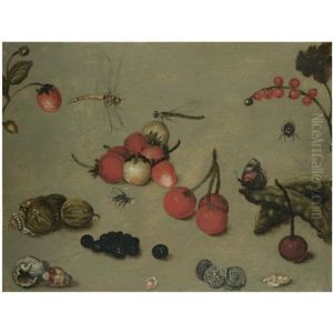 A Still Life With Fraises De Bois, Sea-shells, Coins, Cherries, Dragonflies And Other Insects by Georg Flegel