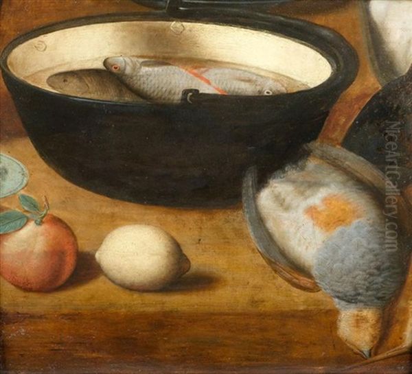 Stilleben Mit Fruchten, Einer Taube Und Fischen In Einem Holztrog - view 1