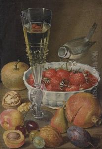 A Facon De Venise, A Bowl Of Strawberries, A Blue Tit, A Pomegranate, Cherries, Other Fruits And Walnuts On A Table