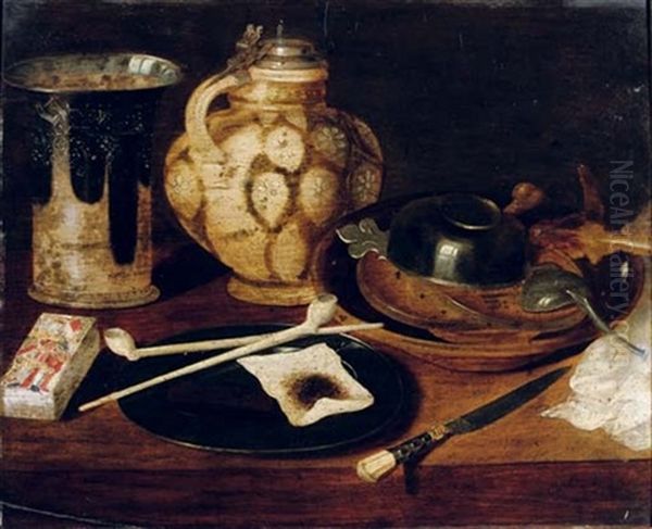 A Deck Of Cards, A Pewter Plate With Pipes And Tobacco, An Earthenware Beaker And Jug, A Knife And An Earthenware Bowl - view 1