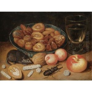 Still Life Of Chestnuts And Hazelnuts In A Porcelain Bowl, A Roemer, An Apple, Apricots, A Beetle And A Mouse by Georg Flegel