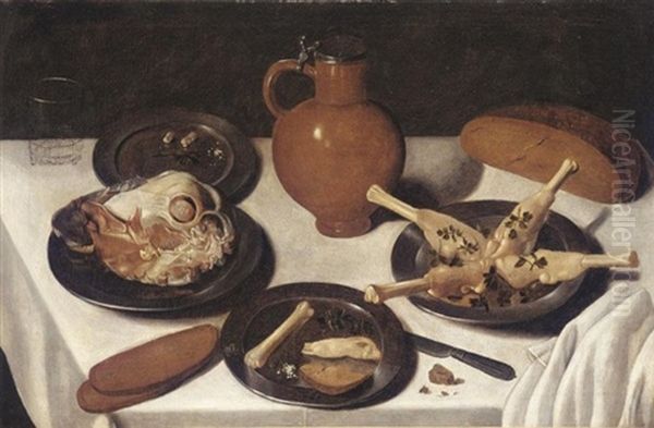 A Still Life With Various Cuts Of Meats On Pewter Plates Together With An Earthenware Flagon, A Glass And A Loaf Of Bread - view 1