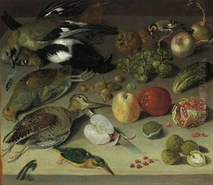 Stillleben Mit Fruchten, Erlegtem Federwild Und Einem An Den Fruchten Pickenden Stieglitz by Georg Flegel