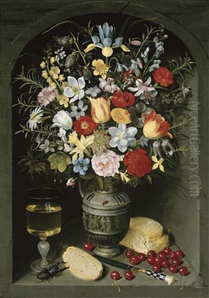 Irises, Tulips, Anemone, Snake's Head Fritillaria, Lilies, Columbine, Narcissus, Carnations, Turk's Cap Lilies, Violets, And Other Flowers In A Pewter Jug With A Glass Goblet Of White Wine - view 1