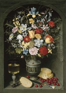 Irises, Tulips, Anemone, Snake's Head Fritillaria, Lilies, Columbine, Narcissus, Carnations, Turk's Cap Lilies, Violets, And Other Flowers In A Pewter Jug With A Glass Goblet Of White Wine by Georg Flegel