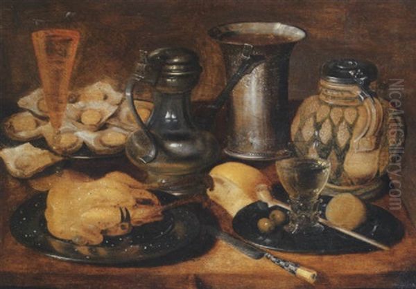 A Roast Pheasant, A Roemer, Olives, A Lemon And A Pipe, Oysters, A Pitcher, A Wineglass, A Knife, A Roll Of Bread, A Tankard And A Flask On A Wooden Table - view 1