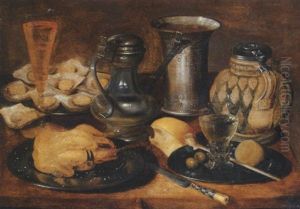 A Roast Pheasant, A Roemer, Olives, A Lemon And A Pipe, Oysters, A Pitcher, A Wineglass, A Knife, A Roll Of Bread, A Tankard And A Flask On A Wooden Table by Georg Flegel