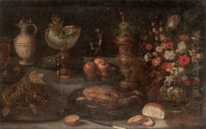Groses Variastilleben Auf Einem Tisch. Ein Gebratenes Huhn, Ein Bastkorb Mit Trauben Und Eine Vase by Georg Flegel