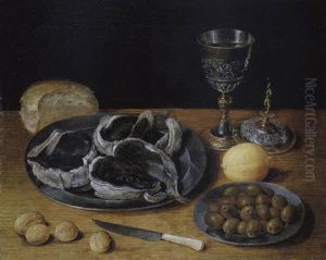 Fruhstucksstilleben Mit Fisch, Einer Zitrone, Oliven Und Einem Deckelpokal by Georg Flegel