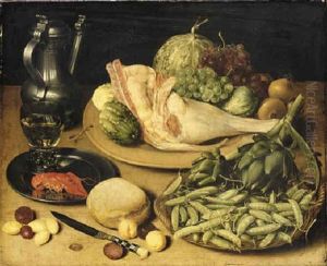 Artichokes And Peas In A Basket, A Joint Of Pork, Grapes, Onions And Cucumbers On A Platter, A Roemer And Other Objects On A Wooden Table by Georg Flegel
