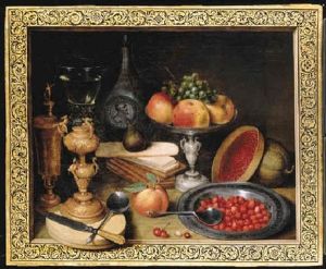 A Silver Tazza With Apples And A Bunch Of Grapes, Strawberries In A Pewter Dish With A Spoon, A Roemer And Other Objects In
A Trompe L'oeil Frame by Georg Flegel