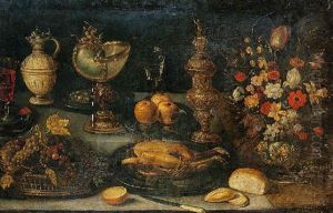 Nature Morte Aux Pieces D'orfevrerie, Panier De Raisin Et Bouquet De Fleurs