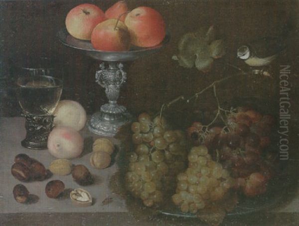Still Life Of Grapes On A Pewter Dish Together With Peaches, Nuts, A Romer, A Silver Tazza And A Blue Tit by Georg Flegel