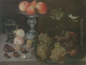 Still Life Of Grapes On A Pewter Dish Together With Peaches, Nuts, A Romer, A Silver Tazza And A Blue Tit by Georg Flegel
