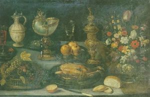Nature Morte Aux Pieces D'orfevrerie, Panier De Raisins Et Bouquet De Fleurs