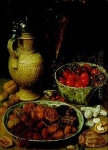 A Still Life Of Dried Fruit And Nuts In A Porcelain Dish, Cherries In Porcelain Bowl, Pitcher And Wineglass On Ledge With Nuts... by Georg Flegel