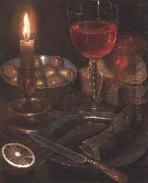 A Still Life Of Olives In A Porcelain Bowl, Bread, Cheese, A Glass Of Red Wine, A Lit Candle, A Fish On A Plate With A Bone Handled Knife And Half A Lemon With A Mouse On A Table by Georg Flegel