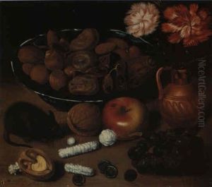 Still Life Flowers, Nuts In A Bowl, An Apple,  And A Mouse On A Table by Georg Flegel