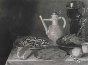 Whitebait, Meat, A Roemer, Pitcher, Bread, Lemon And Knife On A Draped Table by Georg Flegel