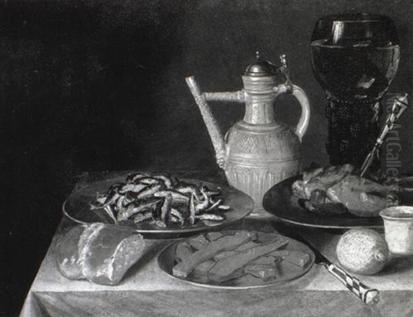 Whitebait, Meats, Dishes, A Lemon And Bread On A Draped Table - view 1