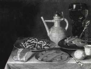 Whitebait, Meats, Dishes, A Lemon And Bread On A Draped Table