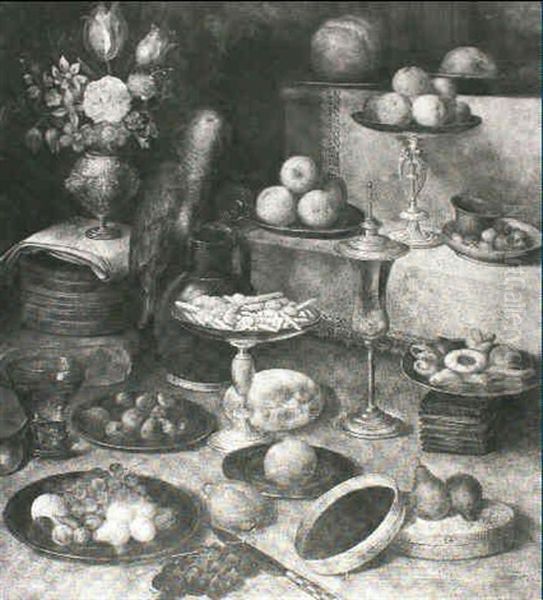 A Still Life With A Parrot Perched On The Rim Of A Roemer On A Table With A Vase Of Flowers And An Assortment Of - view 1